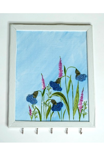 Happy Threads Key Holder Frames With Artwork and Crochet Motifs (Blue & Purple)
